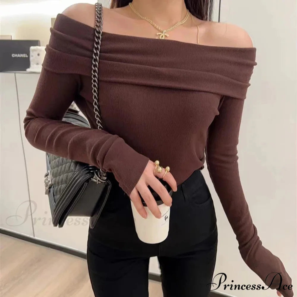 Seductive Slash Neck Ruffled Knitted Sweater Coffee / S swraters-241228