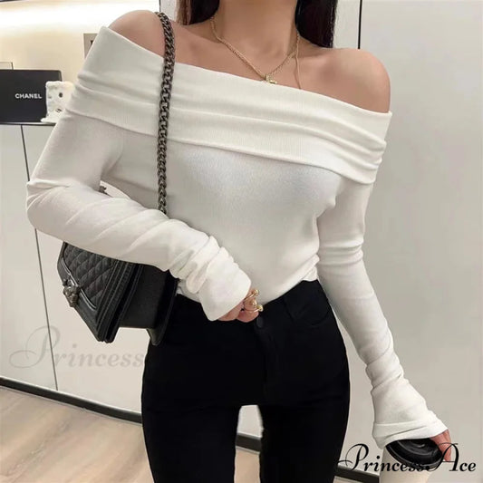 Seductive Slash Neck Ruffled Knitted Sweater WHITE / S swraters-241228