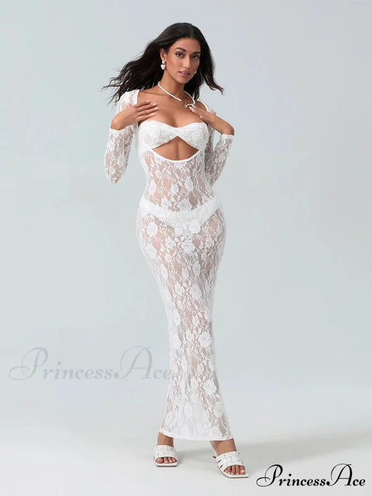 Seductive Transparent Lace Sheer Long Sleeve Beach Floral Dress WHITE / S floraldress-250126