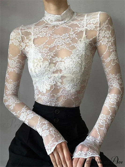 See Through Crop Top Long Sleeve High Neck Lace Floral Slim Fit T-shirts WHITE / S