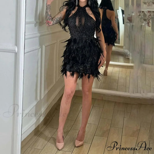 See Through Feather Bodycon Party Dress Black / S