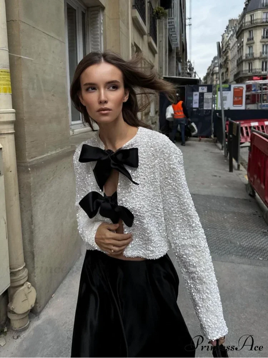 Sequin Bow Lace-Up Short Coat Milky White / XS