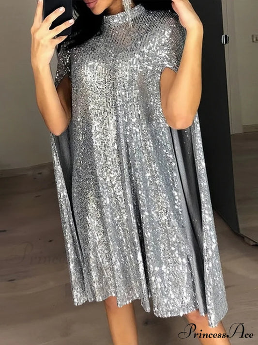 Sequin Cape Mini Dress S / Silver