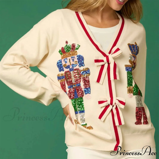 Sequin Christmas Nutcracker V-neck Cardigan
