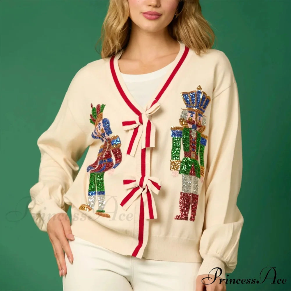 Sequin Christmas Nutcracker V-neck Cardigan BEIGE / S