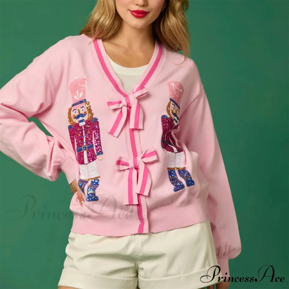 Sequin Christmas Nutcracker V-neck Cardigan PINK / S