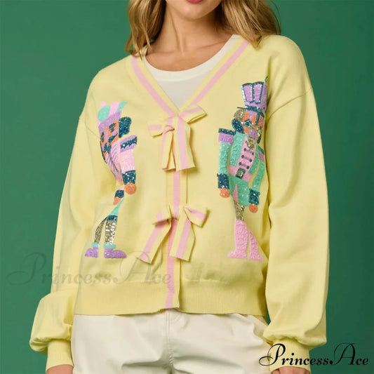 Sequin Christmas Nutcracker V-neck Cardigan yellow / S