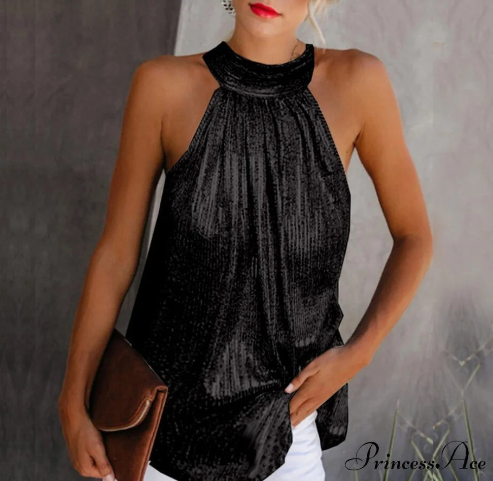 Sequin Glitter Strappy Hang-Neck Swing Clubwear Party Night Tank Black 01 / S