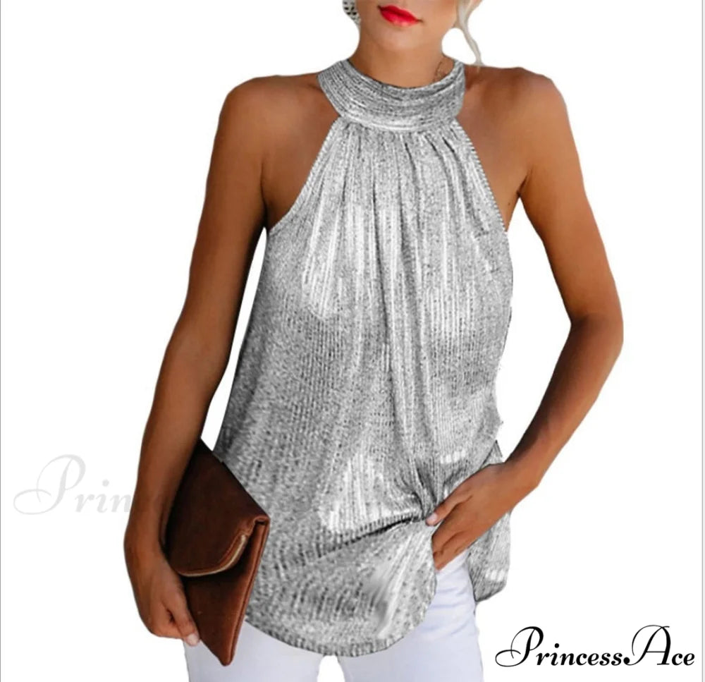 Sequin Glitter Strappy Hang-Neck Swing Clubwear Party Night Tank Silver 04 / S