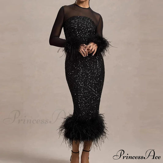 Sequin Mesh Backless Casual Party Dress 01 Black / S