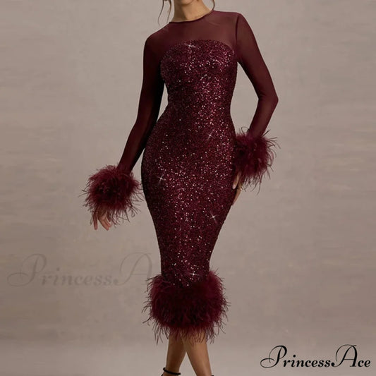 Sequin Mesh Backless Casual Party Dress 02 Red / S