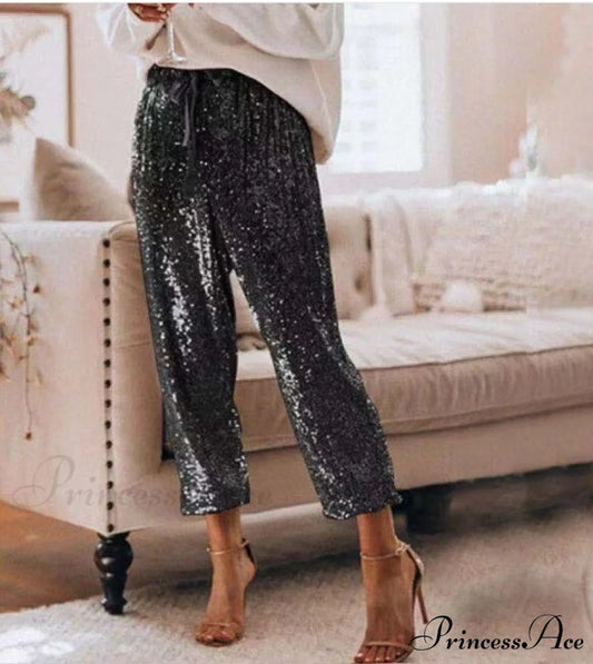 Sequin Shiny Wide Beam Leg Pants Black / S