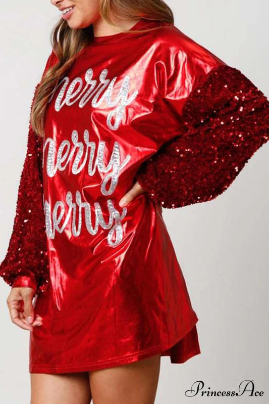 Sequin Sleeve Letter Graphic Dress Red / L