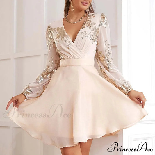 Sequin Stitching V Neck Party Gauze Long Sleeve Short A-Line High Waist Female Elegant Evening Party Dress Beige / S