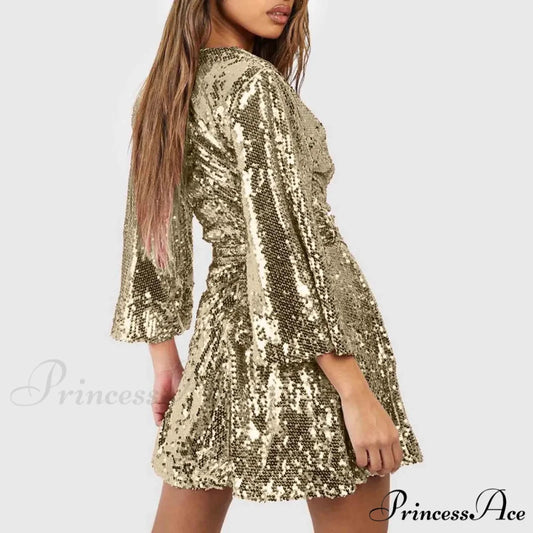 Sequin V Neck Gold Party Evening Long Ball Sexy Gown Women Prom Bridesmaid Elegant High Waist Dress