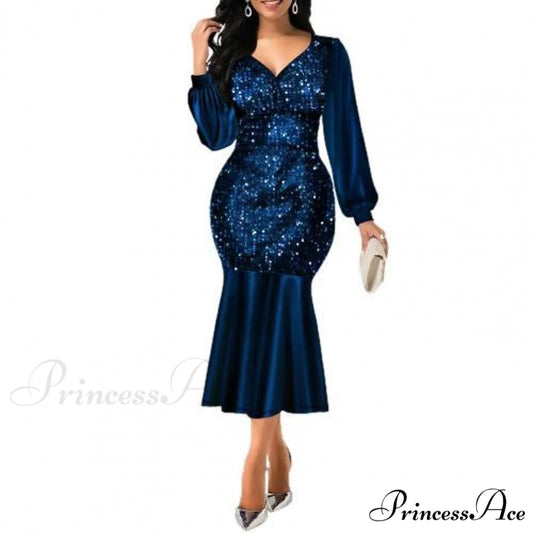 Sequin V Neck Shiny Long Sleeve Patchwork Dress Blue / M