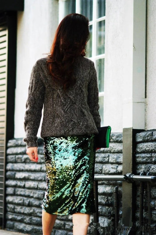 Sequin Zipper Package Hip Slim Pencil Skirt Green / S