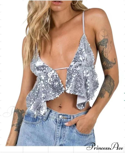 Sequined Backless for Camisole Cami Women Silver grey / S