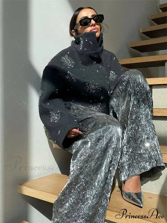 Sequined Blossom Bead Stand Collar Overcoat overcoats-241228