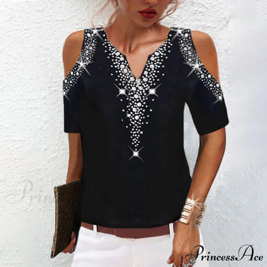 Sequined Short Sleeve Cold Shoulder V Neck Printed Club Party Shirt Black / S