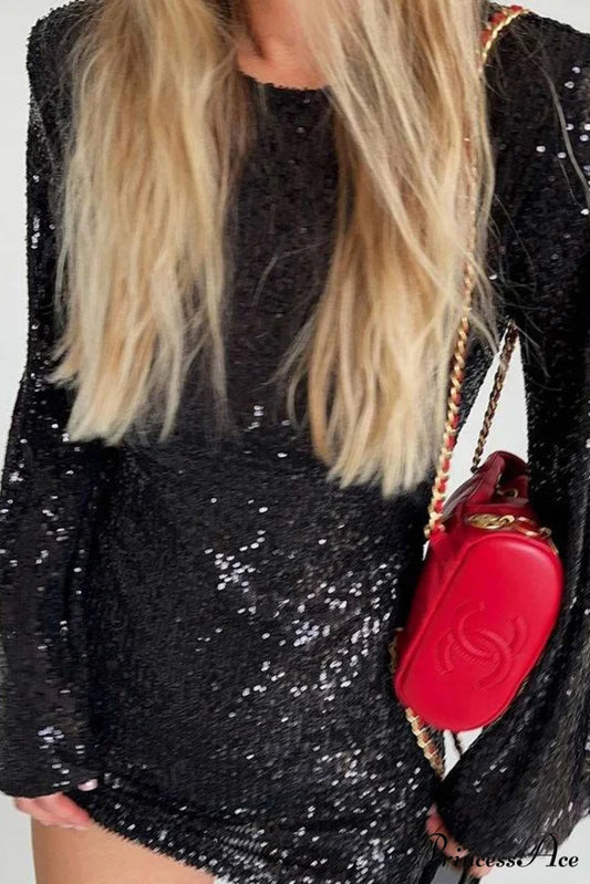 Sequins Flare Sleeve Dress Black / M