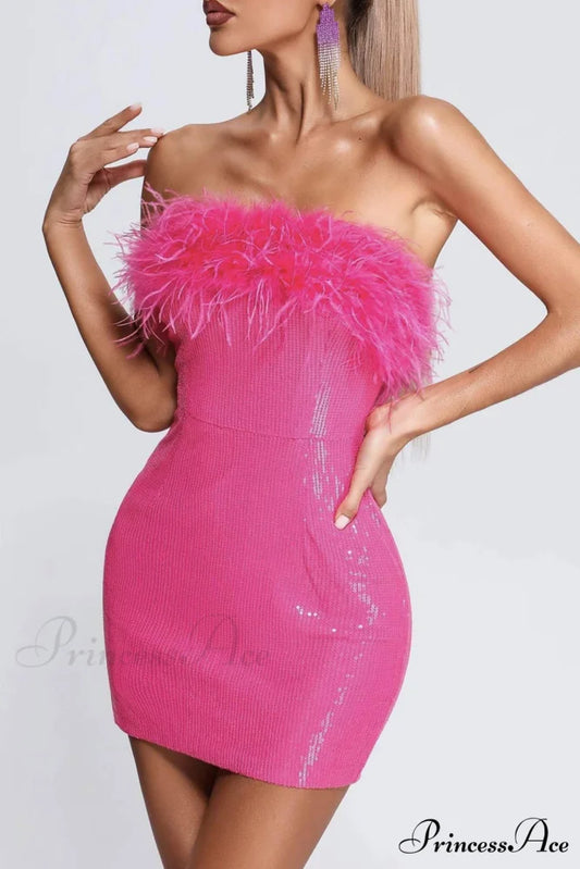 Sequins Pack Hip Dress with Fuzzy Strapless Design Rose / S