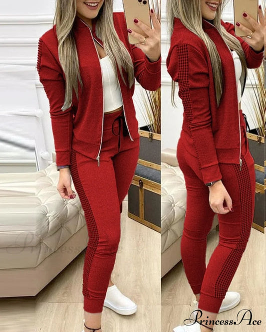 Set for Zipper Pants Long Autumn Piece Fashion + Suit - Winter Tracksuit Jacket 2 Sports Women Red / S