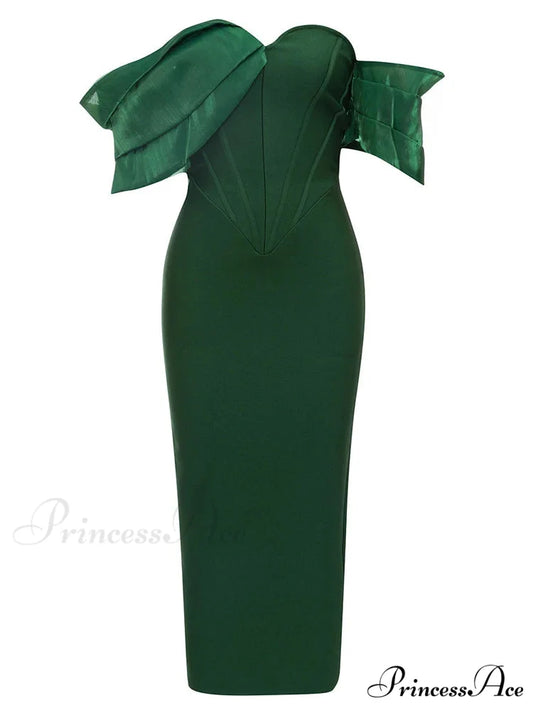 Sexy Asymmetric Sleeves Off Shoulder Bandage Green Slash Neck Christmas Party Dress Green / XS