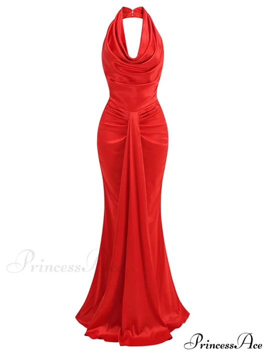 Sexy Backless Sleeveless Halter V-Neck Red Draped Maxi Bodycon Elegant Christmas Party Dress Red / S