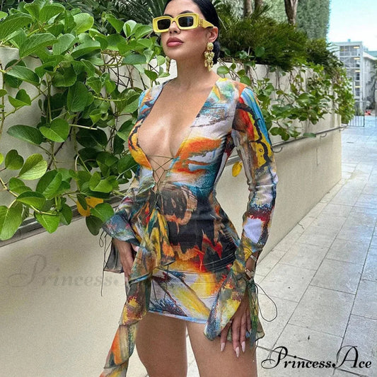 Sexy Bandage Lace Up Deep V Long Sleeve Mini Dress BLACK / S