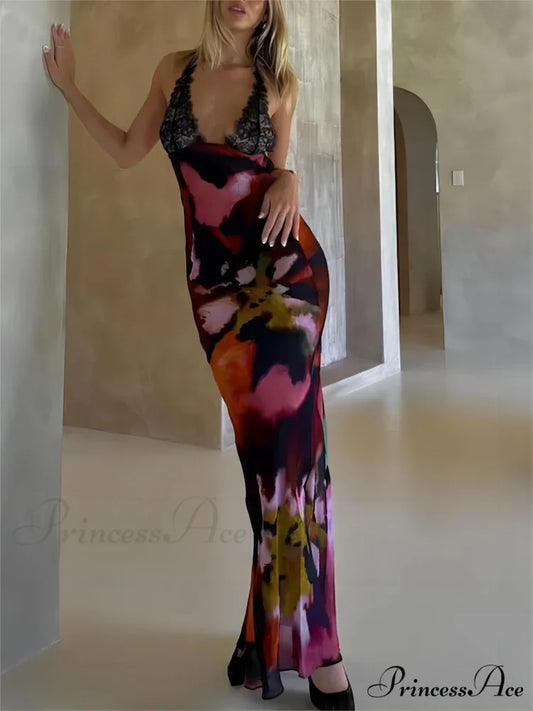 Sexy Deep V Lace Graceful Patchwork Printed Auspender Maxi Dress Multicolor / S