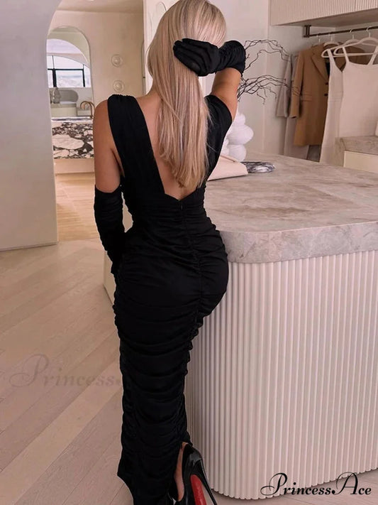 Sexy Deep V Neck Gauze Folds Bandage Black Sleeveless Christmas Party Dress Black / S