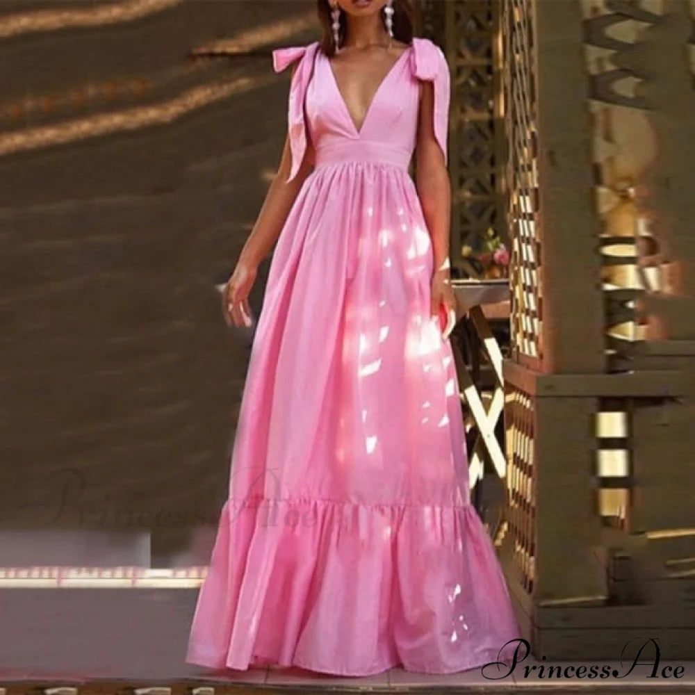 Sexy Deep V Neck Maxi Dresses Pink / S