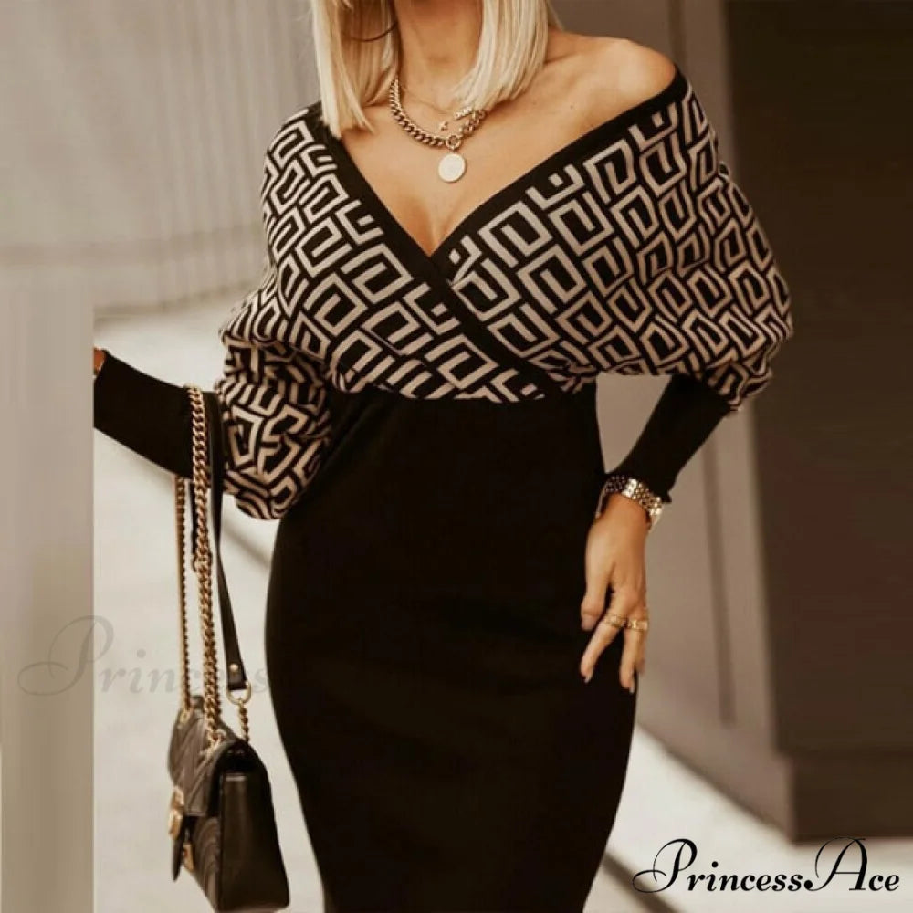 Sexy Deep V Neck Office Lady Long Sleeve Dress Khaki Print 1 / M