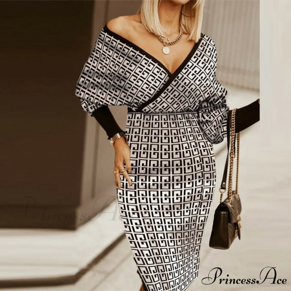Sexy Deep V Neck Office Lady Long Sleeve Dress Khaki Print 2 / M