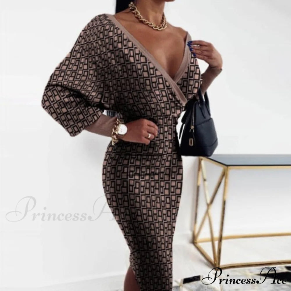 Sexy Deep V Neck Office Lady Long Sleeve Dress Plaid Brown / M