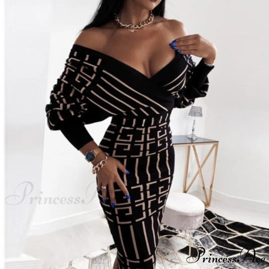 Sexy Deep V Neck Office Lady Long Sleeve Dress Striped Black / M