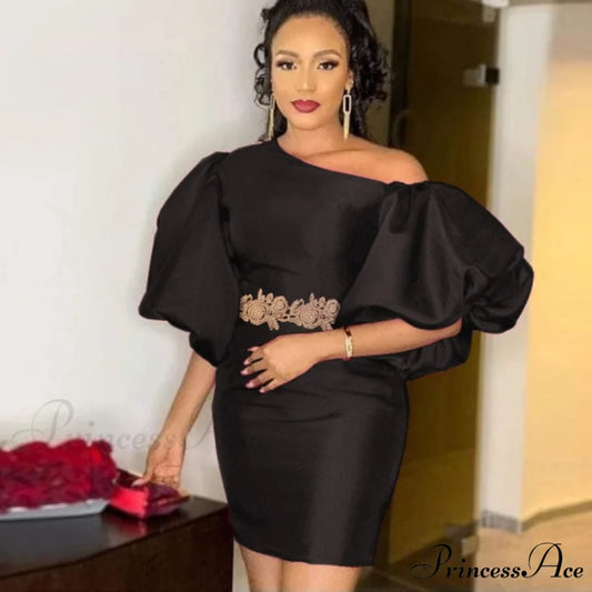 Sexy Diagonal Big Lantern Sleeve Elegant Dress black / S