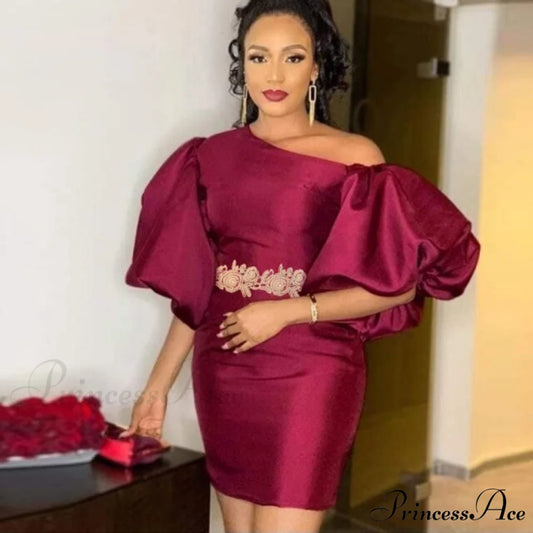 Sexy Diagonal Big Lantern Sleeve Elegant Dress Wine / S