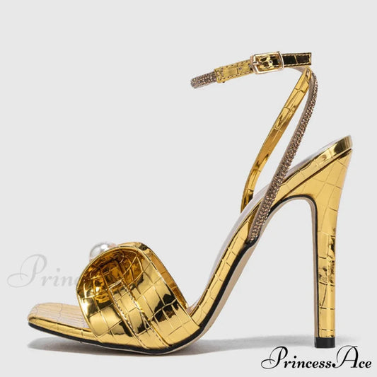 Sexy Gold Snake-Print Leather Square-Toe Crystal Ankle-Strap Sandals Thin Party Dress High Heel Golden / 35