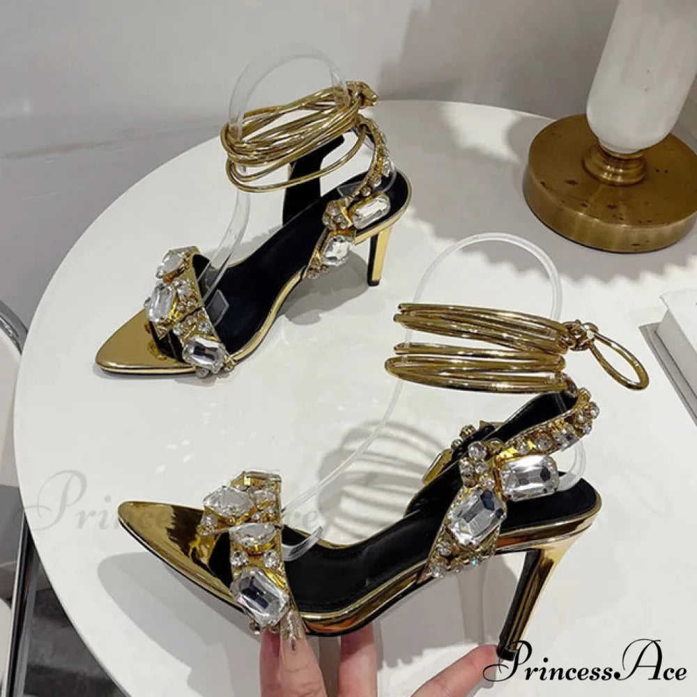Sexy Golded Ankle-Strap Crystal Diamond Pointed-Toe Sandals Wedding Nightclub High Quality Stripper High Heel 8.5CM