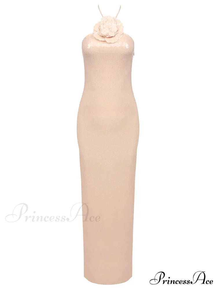Sexy Halter 3D Flowers Sequins Long Dress Sleeveless Backless Christmas Party Dress APRICOT / XS