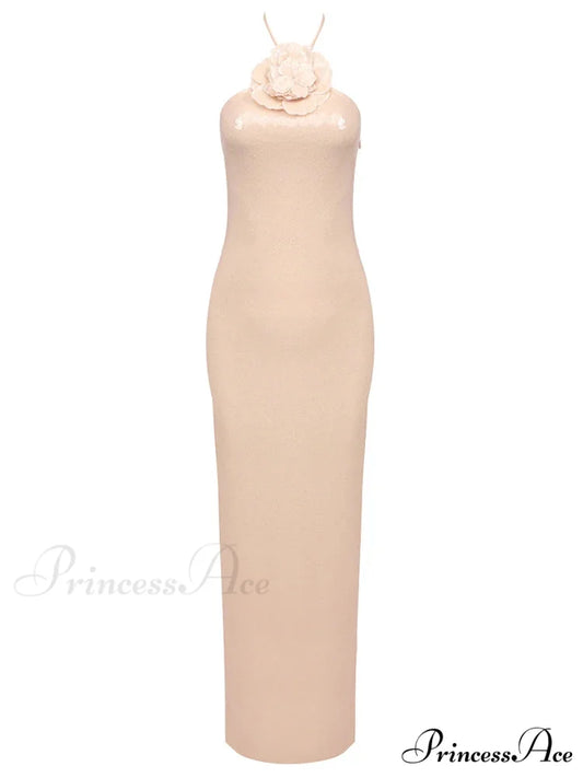 Sexy Halter 3D Flowers Sequins Long Dress Sleeveless Backless Christmas Party Dress APRICOT / XS