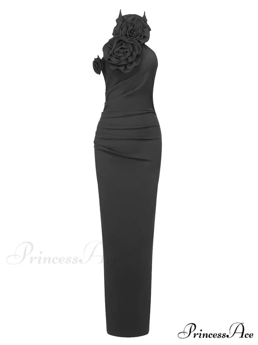 Sexy Halter Backless 3D Flower White Sleeveless High Split Christmas Party Dress Black / S