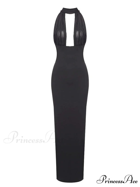Sexy Halter Backless Mesh Patchwork Black Sleeveless Bodycon Christmas Party Dress Black / XS