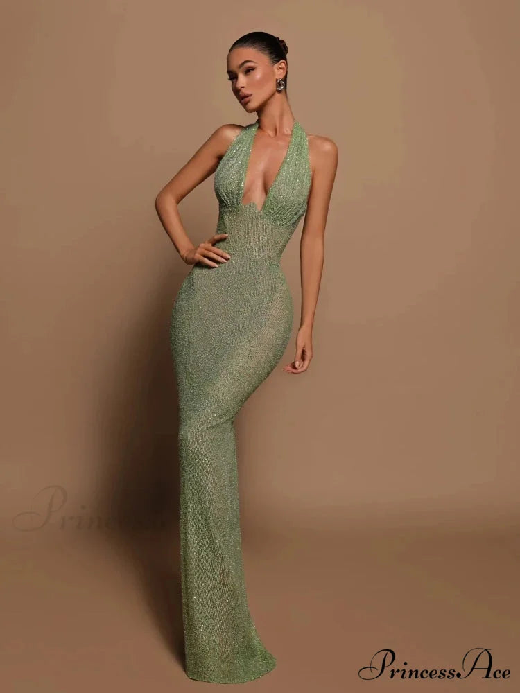 Sexy Halter Deep V Neck Sequins Green Sleeveless Backless Celebrity Christmas Party Dress