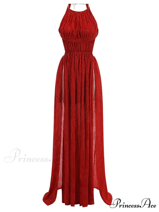 Sexy Halter Neck Chain Pleated High Split Long Dress Backless Christmas Party Dress Red / XS