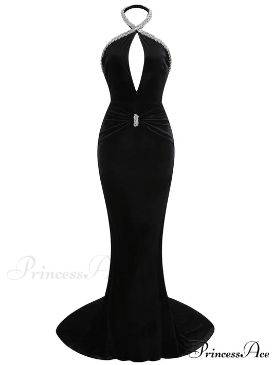 Sexy Halter Neck Diamonds Chain Hollow Out Black Velvet Sleeveless Christmas Party Dress Black / XS