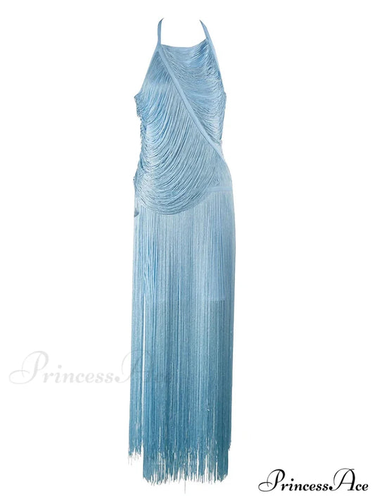 Sexy Halter Sleeveless Tassel Patchwork Bandage Dress Backless Fringe Christmas Party Dress SKY BLUE / XS