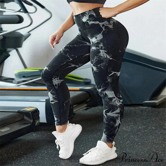 Sexy High Waist Push Up Tie-dye Seamless Fitness Workout Leggings BLACK / S